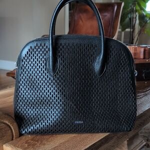 Furla Code M Dome Perforated Black Leather Satchel With Attached Brown Pouch